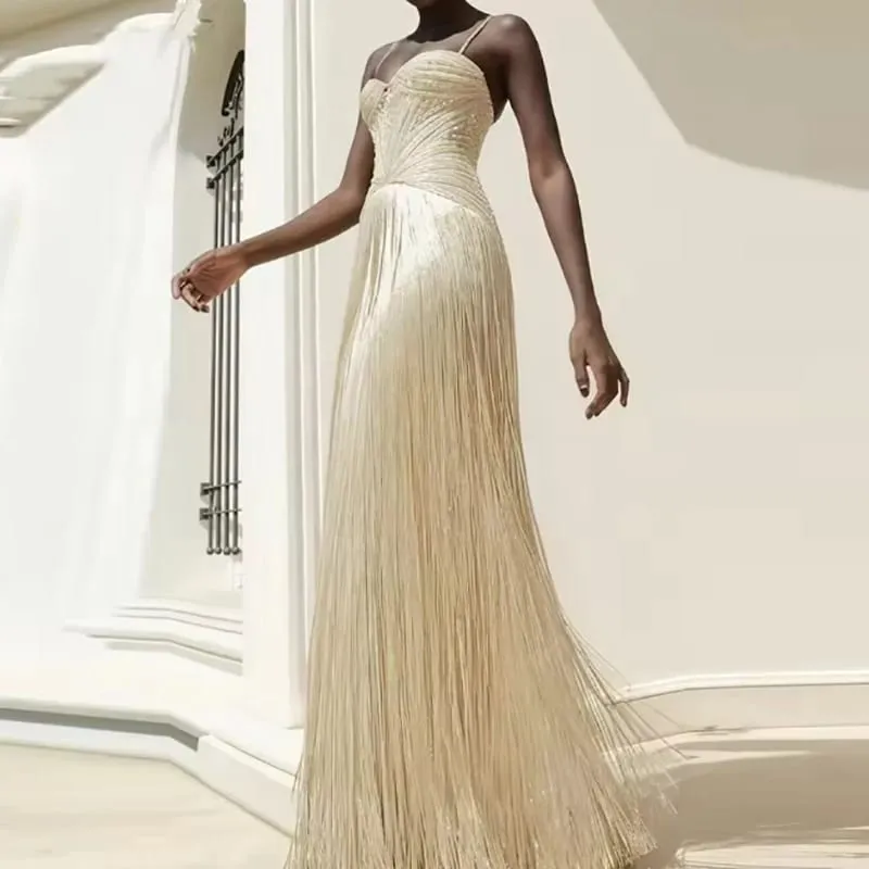 Sexy Off Shoulder Sleeveless Suspender Dress Women's Elegant High Waist Slim Tassel Long Dress Fashion Draped Solid Long Dress — image 3