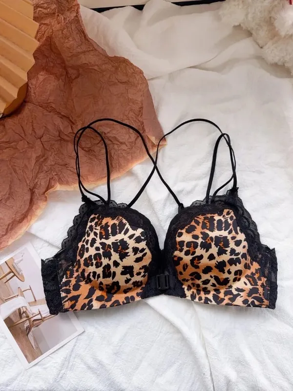 Comfortable Leopard Print Front Fastening Bra Set for Women Backless Small Chest Enhancing Hot Sale Lingerie