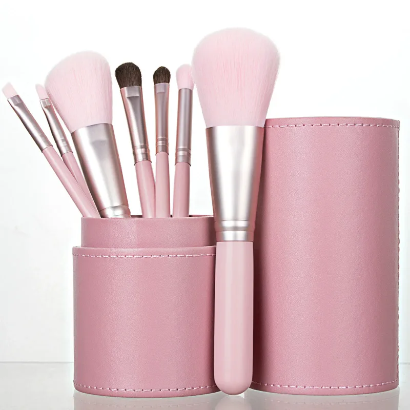 Portable 7Pcs Complete Makeup Brushes With PU Storage Bucket Foundation Highlight Eyebrow Beginner Cosmetic Kit