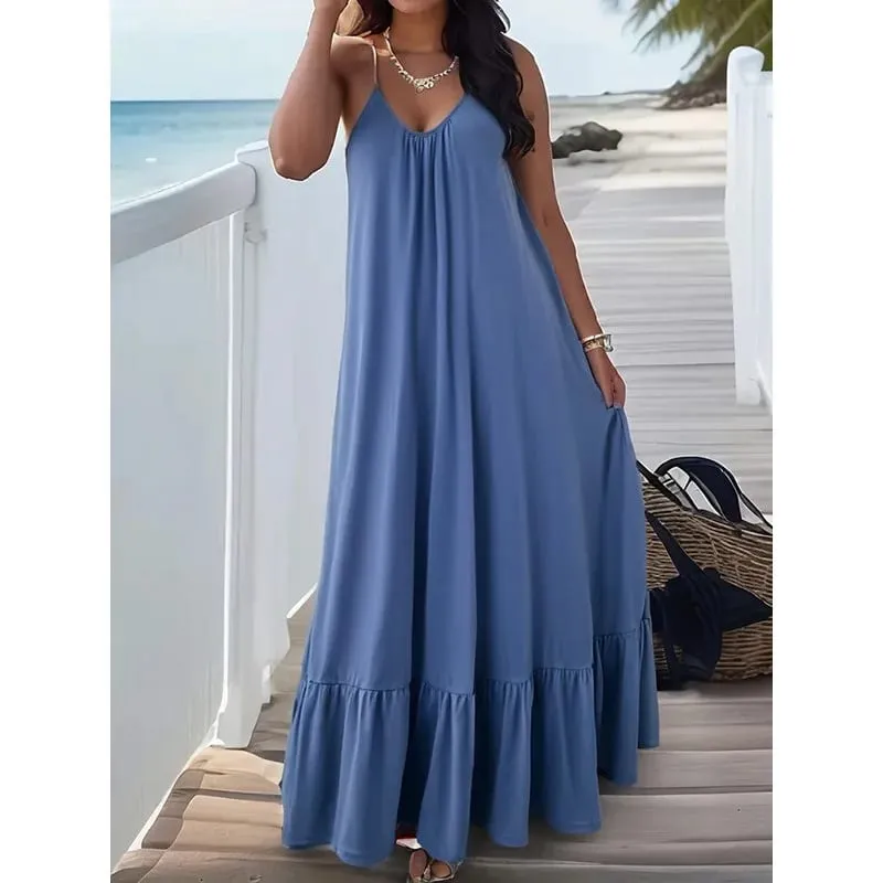 Summer Dresses 2026 New Solid Color Spaghetti Strap Maxi Dress Women V Neck For Beach Party Resort Daily Matching Outfit