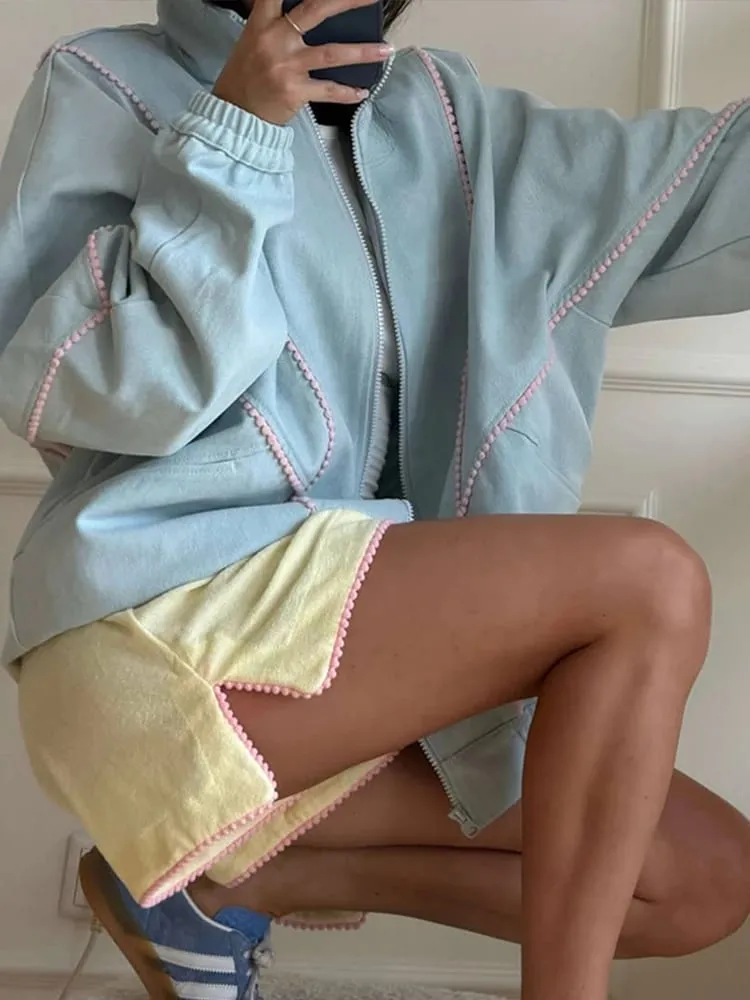 Polka Dot Cropped Windbreaker Jacket Contrast Pink Seam Piping Side Pockets Loose Outerwear 2026 Autumn Street Daily Lady Coat