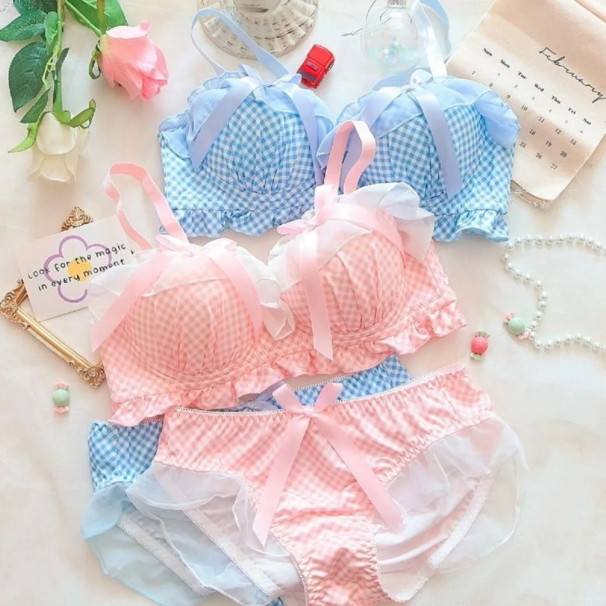 Lolita Underwear Bra Set Romantic Small Breast Sweet Girl Small Chest Cosplay Lingerie Bow Bra and Panty Set Sexy Underwear 2 P — image 6