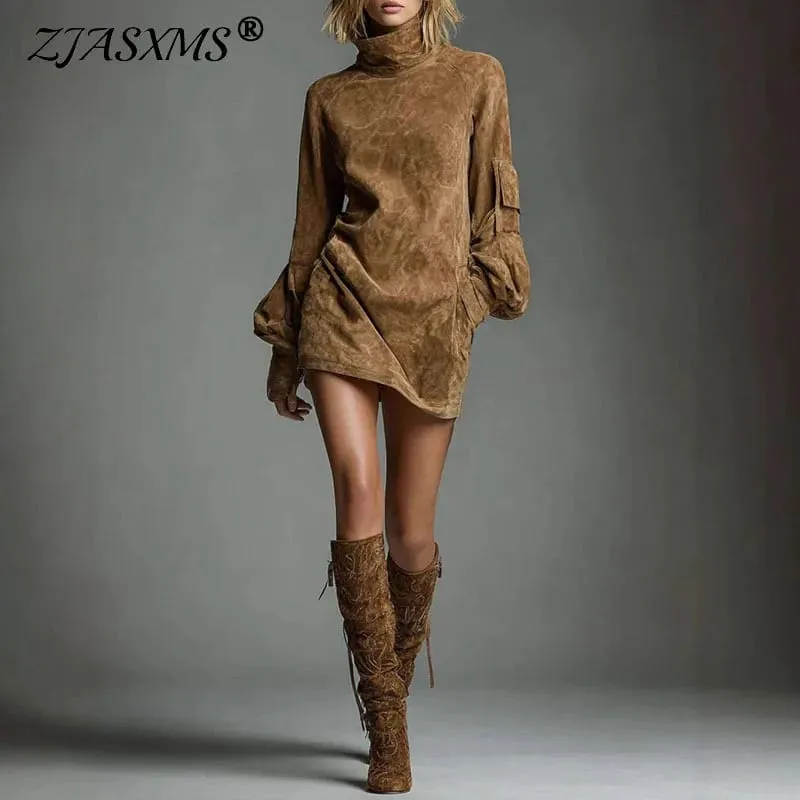 Autumn Retro Solid Suede Mini Short Dresses Sexy Turtleneck Slim Woman Pullover Dress Winter Long Sleeve Pockets Female Clothing — image 2