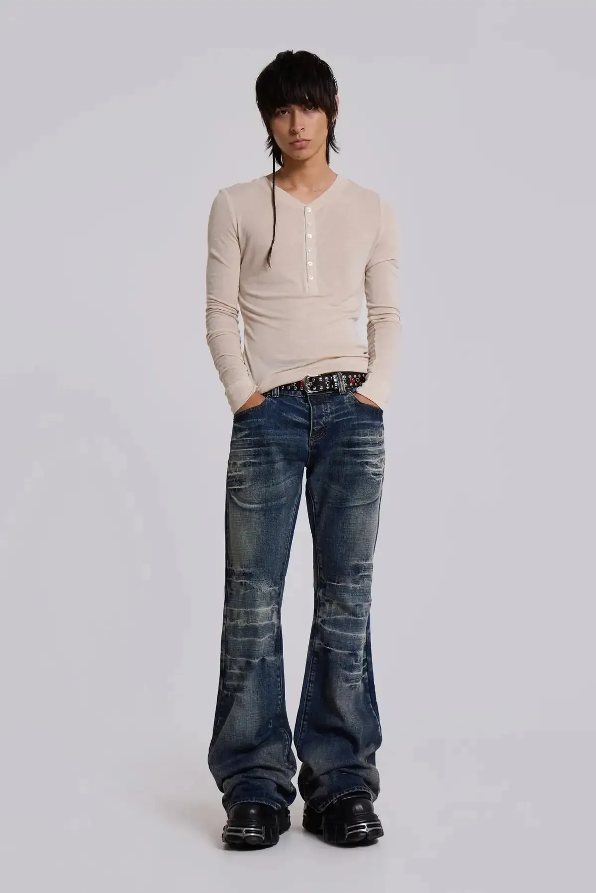 Y2K Mid Blue Flared Jeans Washed Men Women Bootcut Jeans Gothic High Street Unisex Streetwear Baggy wide leg Pants