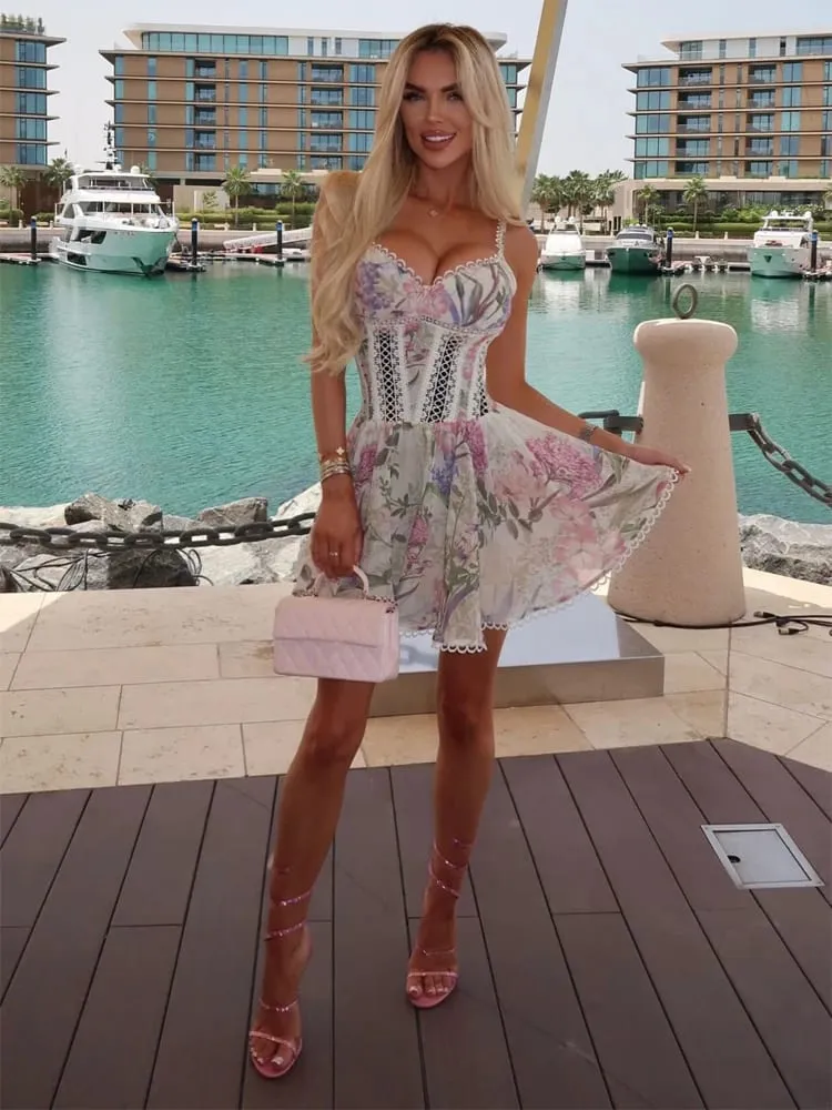 Women's Printed Dress V-neck Lace Hollow Out A-line Spaghetti Strap Pleated Lady Dresses 2026 Summer Chic Female Sexy Party Robe