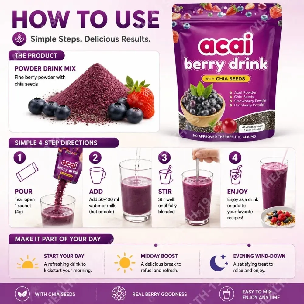 Acai Berry Drink Prášek s chia semínky Jahoda Brusinka pro antioxidanty Denní wellness & podpora imunitního systému pro dospělé 40 g
