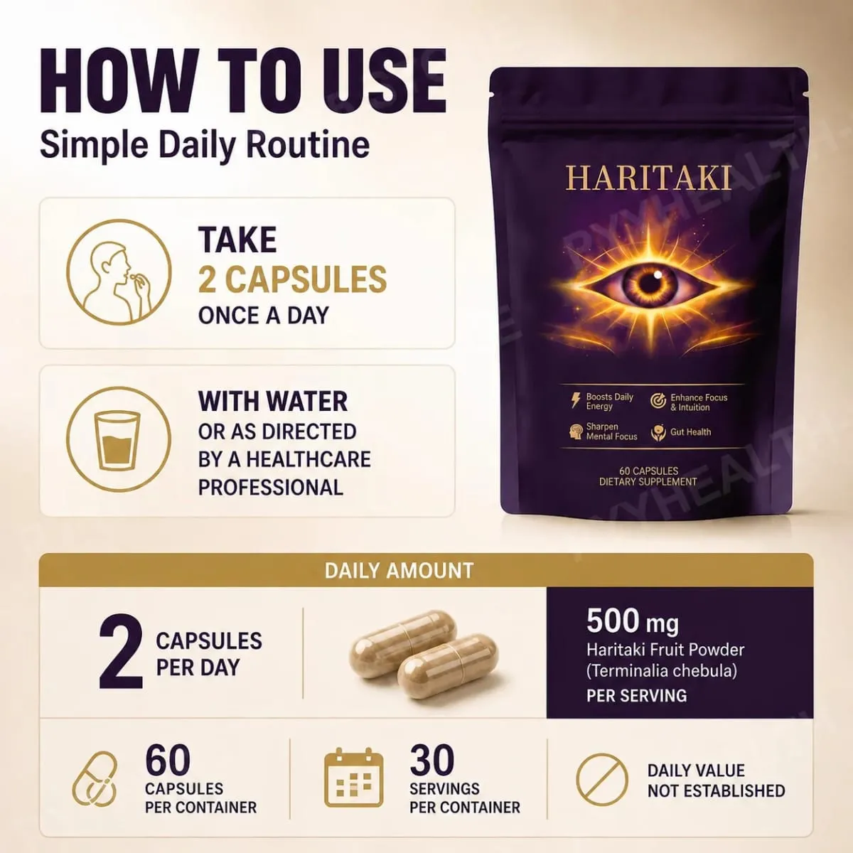Haritaki Fruit Powder Capsules Supports Digestive Balance and Gut Health Mental Focus Single Ingredient 30 Servings 60 Capsules