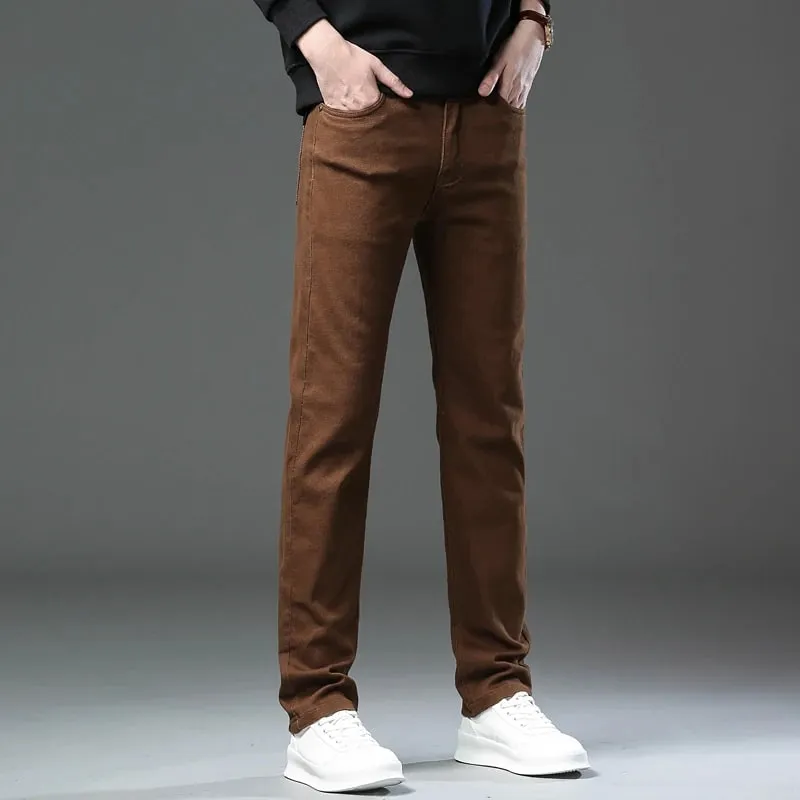 ArmyGreen Elastic Cotton Jeans Men's Spring Fashion Slim Straight Denim Pants Comfort Large Size Korean Business Casual Trousers