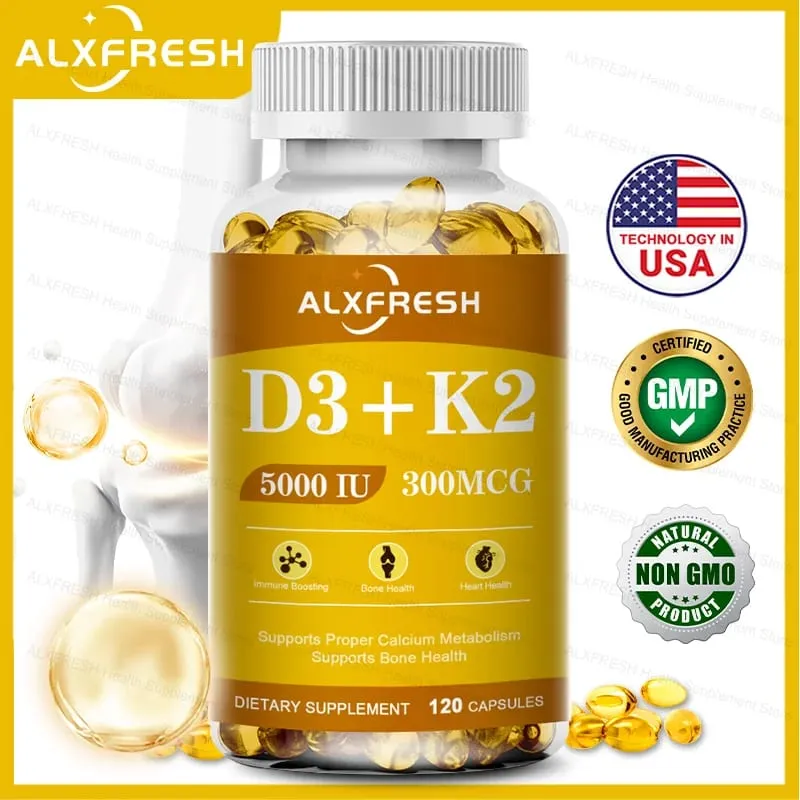 D3K2 Vitamin Capsules 5000 IU 300 mcg for Calcium Absorption Bone Teeth Immune & Heart Health Non-GMO — image 2