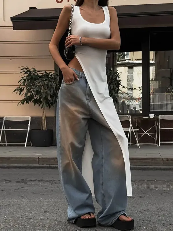Sexy Sleeveless Side High Split Midi Dress Backless Women's Summer Party Club Streetwear Y2K Style Solid Color