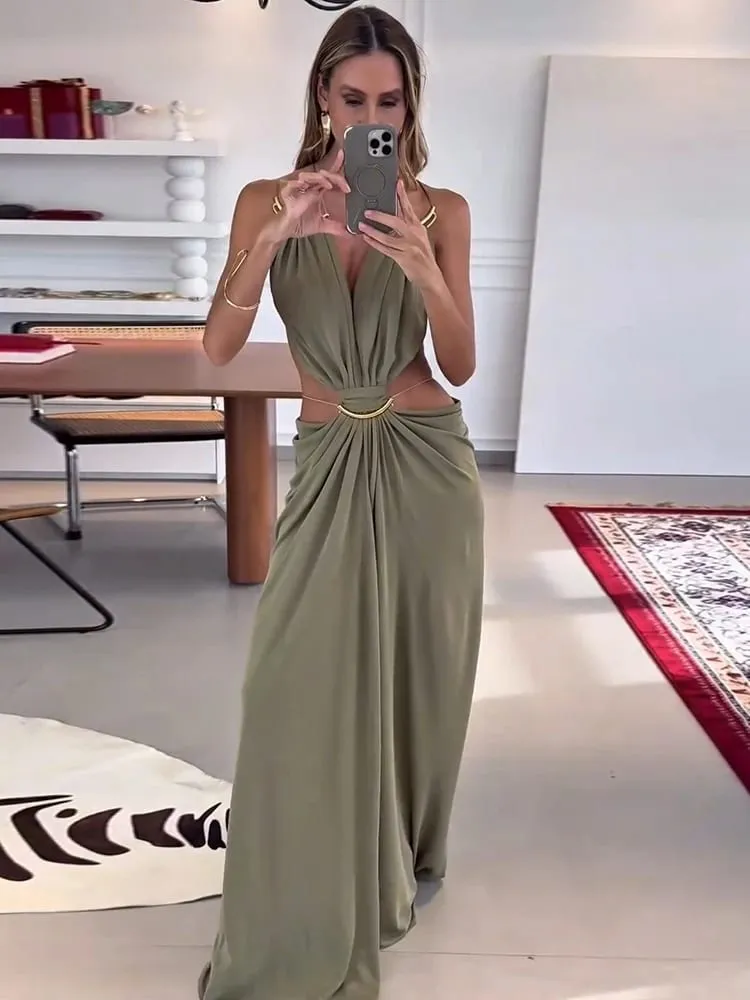 Sexy Hallow Out Long Party Dress Women Slim Sleeveless Backless Chic Pleated V-neck Ring Dresses Female 2026 Summer Lady Robe