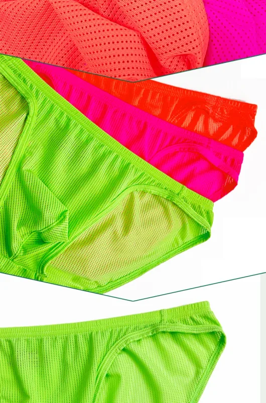 1PCS Men Neon Mesh Bikini Briefs Solid Color Elastic Waistband Multi Color Low Rise U Convex Pouch Breathable Quick Dry BS839