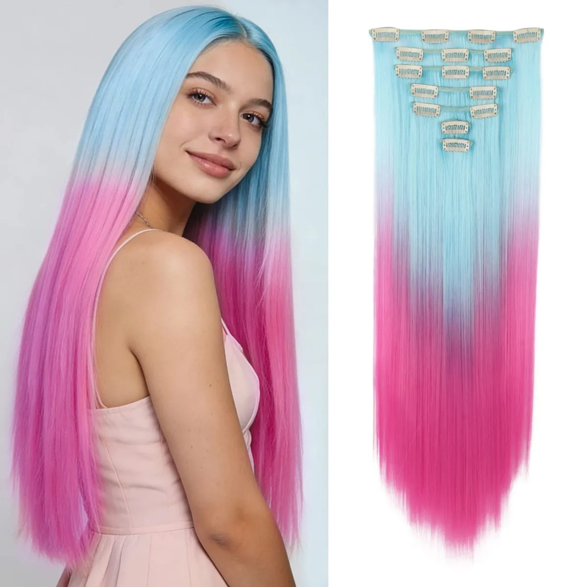 Synthetic Clip in Hair Extensions 7pcs/set Ombre Sky Blue to Hot Pink 22inch Colorful Clip in Hair Multi Styles Straight/Wavy