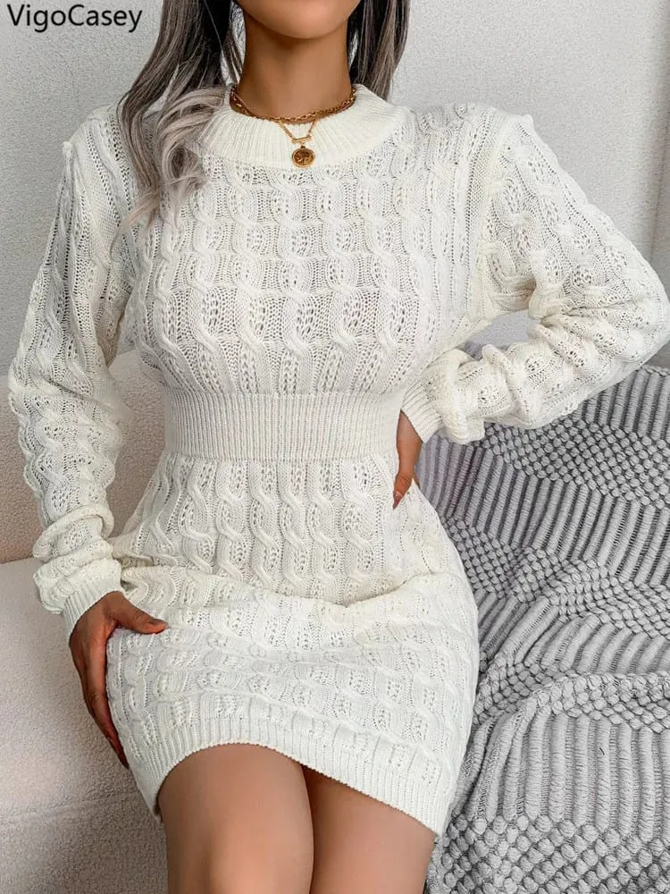 VigoCasey 2026 Autumn Winter Casual Knit Dress Women Solid Long Sleeve Short Dress Lady White O Neck Bodycon Knitted Dresses