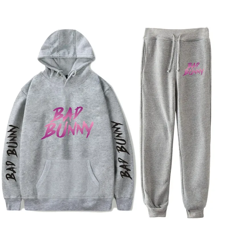 Harajuku Comfortable Funny bad bunny Print Sweatshirt Sweatpants Suit Men/Women Hoodies+ Trousers Suit Cute 2 Piece Set Clothes