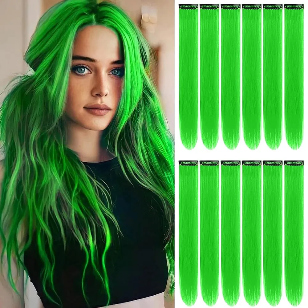 12 PCS Green Hair Extensions Clip in Colored Party Highlights Extension for Kids Girls Synthetic Hairpiece Straight 22 inch