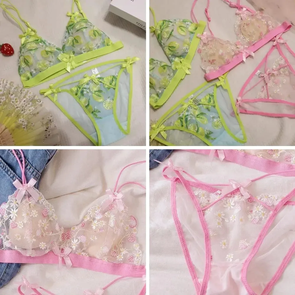 Conjunto de bralette de renda sexy para mulheres copo triangular sem fio lingerie confortável
