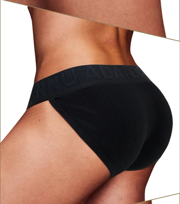 Men's Cotton Ribbed Skin-Friendly Bare Feel Convex Pouch Briefs, Embossed Letter Wide Waistband Slim Fit Underwear