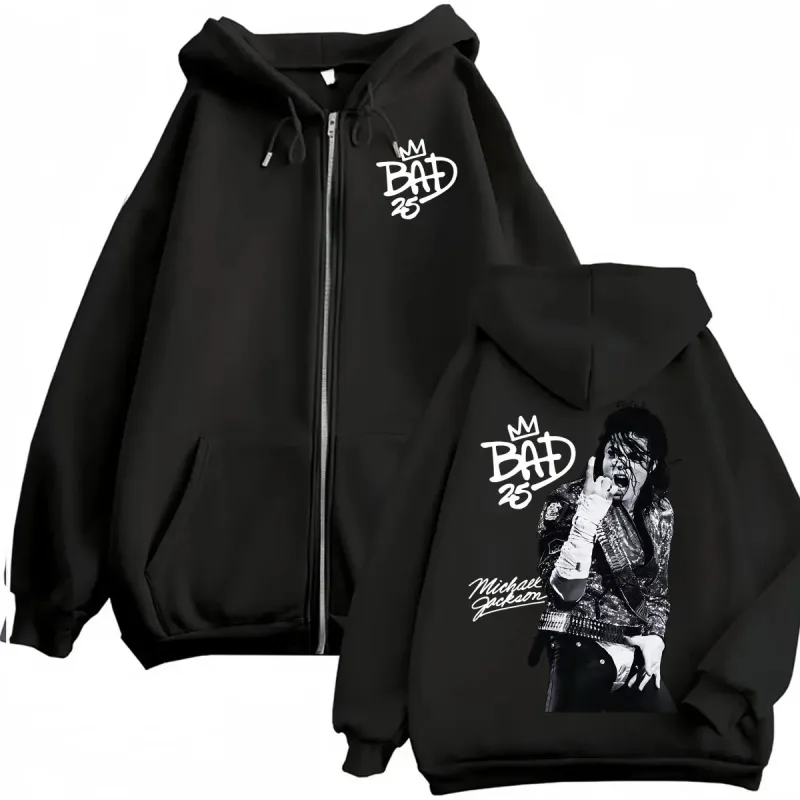King of Pop Michael Jackson Bad Era Zipper Hoodie Men Women Harajuku Streetwear Jacket Sweatshirt Fleece Casual Zip Up Pullovers