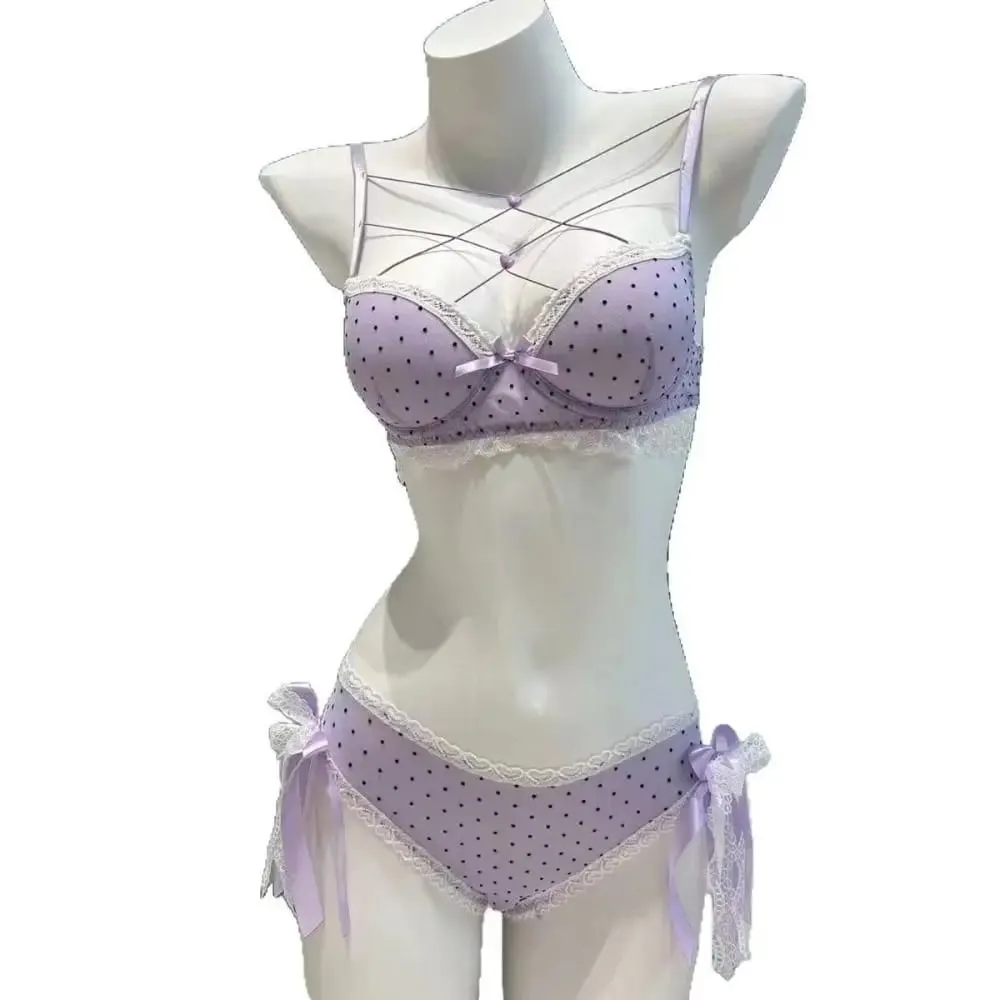 Beautiful Dots Lace Bra Set Bowknots Lace-up Bra Panties Set Love Heart Intimates Push Up Bra Women Romantic Evenings