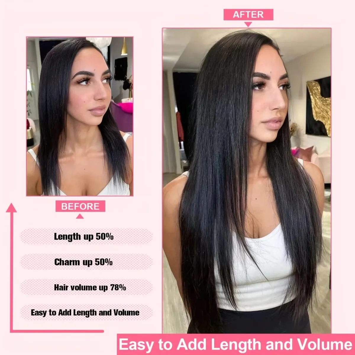 20" Straight Super Long 7pcs Set Thick Clip in on Hair Extensions Straight Full Head Black for Women Synthetic Hair