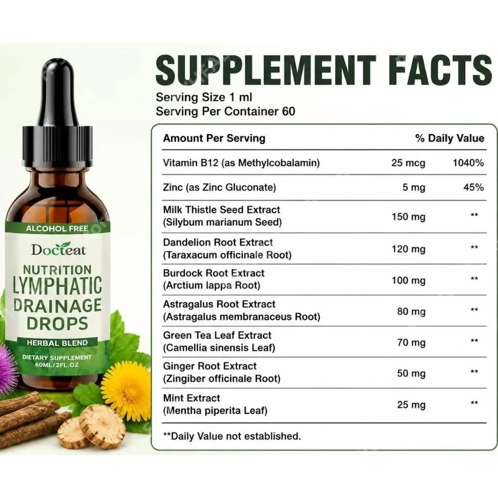 Lymphatic Drainage Drops Alcohol-Free Blend Supports Lymphatic Balance and Vitality with Vitamin B12 and Zinc 60 Ml