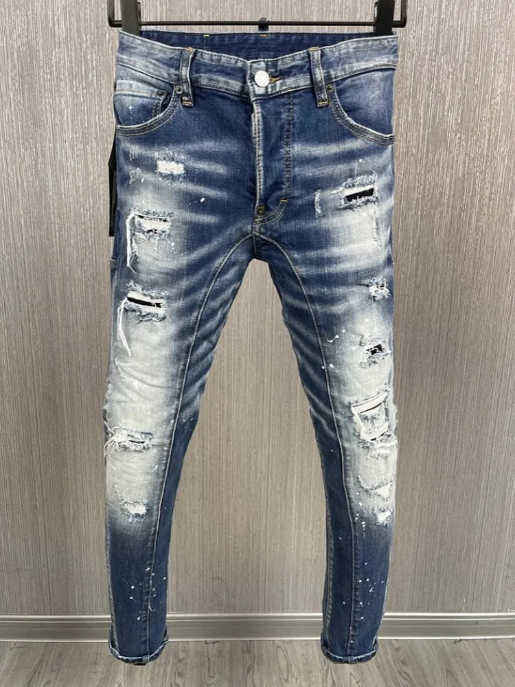 New Men's Ripped Jeans Distressed Elastic Slim Pencil Fit Denim Pants Paint Splatter Streetwear Y2K High Street Biker Trousers — image 2