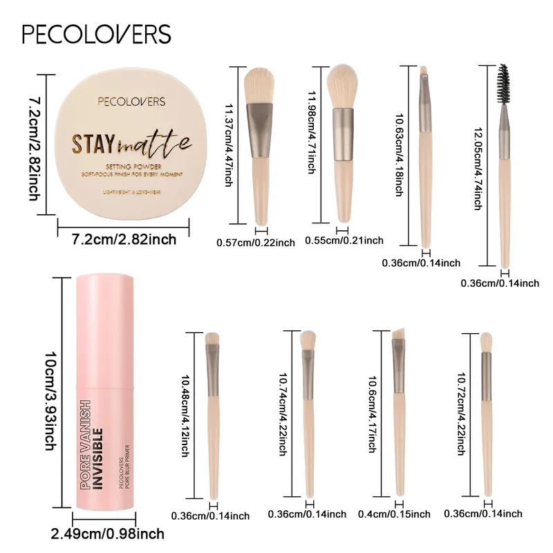 Sada 10 ks základního make-upu All-In-One s matným fixačním práškem a 8 ks profesionálních make-up štětců na minimalizaci pórů