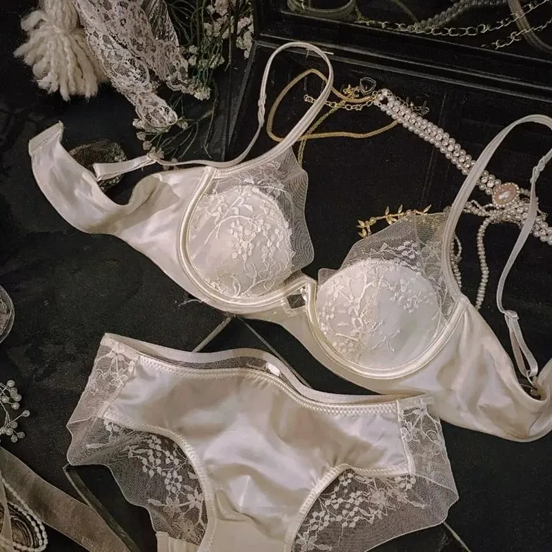 French Satin Lace Ladies Bra Set Push Up Anti Sagging Full Coverage Lingerie Soft Breathable Comfort Underwear Daily Use 32‑38AB