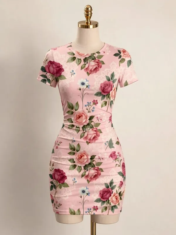 Womens Short Sleeve Bodycon Mini Dress Slim Fit Crew Neck Floral Print Casual Summer Party Cute Modern Holiday Vacation Sundress — image 14