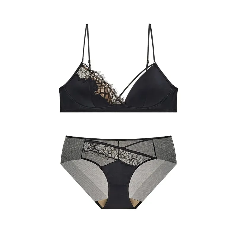Francouzský styl krajková podprsenka Bralette Malá prsa Bez kostic Trojúhelníkový košíček Tenký ramínko Sexy sada spodního prádla Push Up Dámské spodní prádlo