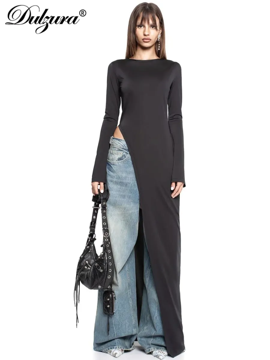 Dulzura Long Sleeves Side High Slit Maxi Dress Solid Sexy Long Dress Women’S Party Club Streetwear Autumn Winter Outfit