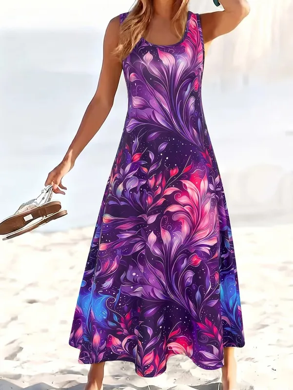 Dresses for Woman Vest Dress Beach Holiday Round Neck Sleeveless A-Line Long Skirt Starry Iridescent Floral Gradient Print 2026