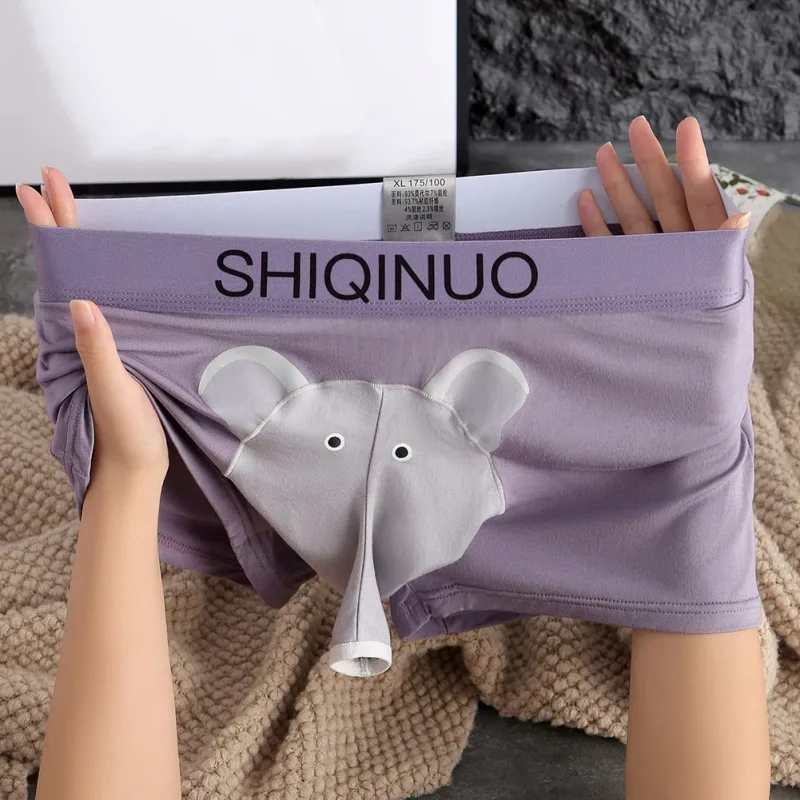 Men Cute Elephant Print Boxer Briefs Elastic Letter Waist 3D Pouch Soft Breathable Daily Sleep Home Casual Comfy Underwear Wear