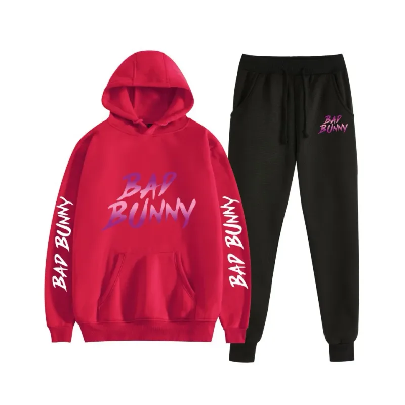 Harajuku Comfortable bad bunny Print Sweatshirt Sweatpants Suit Women's Hoodies+ Trousers Suit Boys/Girls 2 Piece Set Clothes