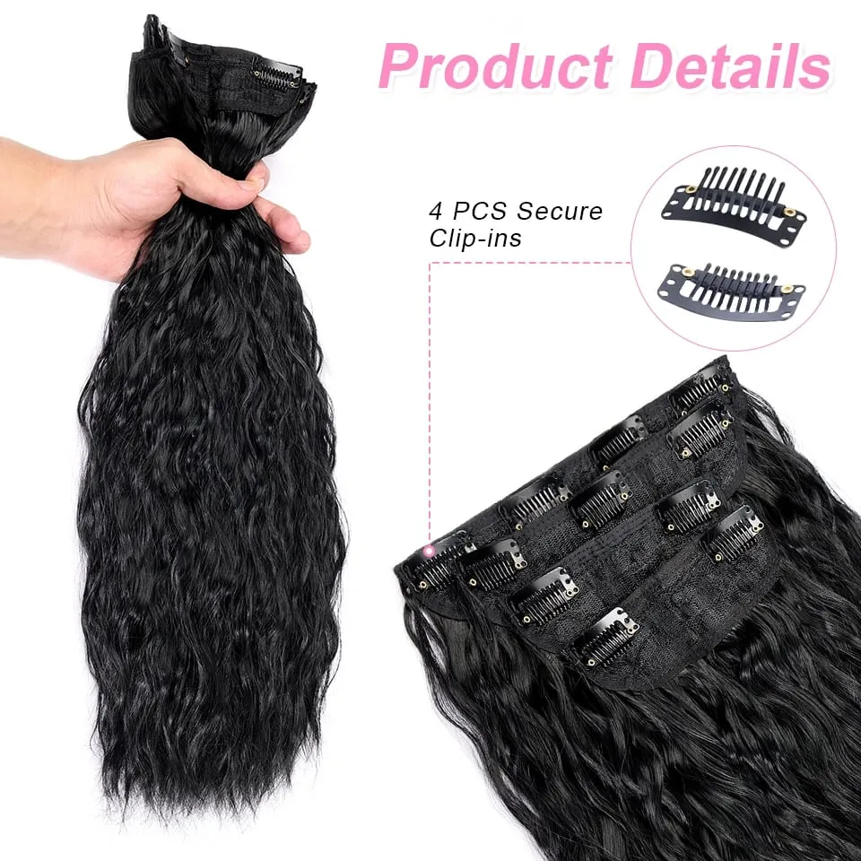 4PCS set Clip in Hair Extensions Natural Black Corn Wavy 20'' Long Curly Thick Synthetic Hairpieces for Women Girls Daily Party — image 4