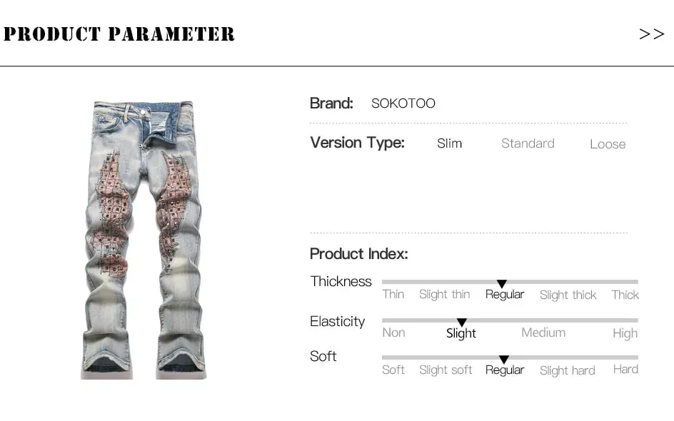 Men's Wing Patch Boot Cut Jeans Rivet Crystal Slim Flared Pants Embroidery Vintage Blue Denim Trousers