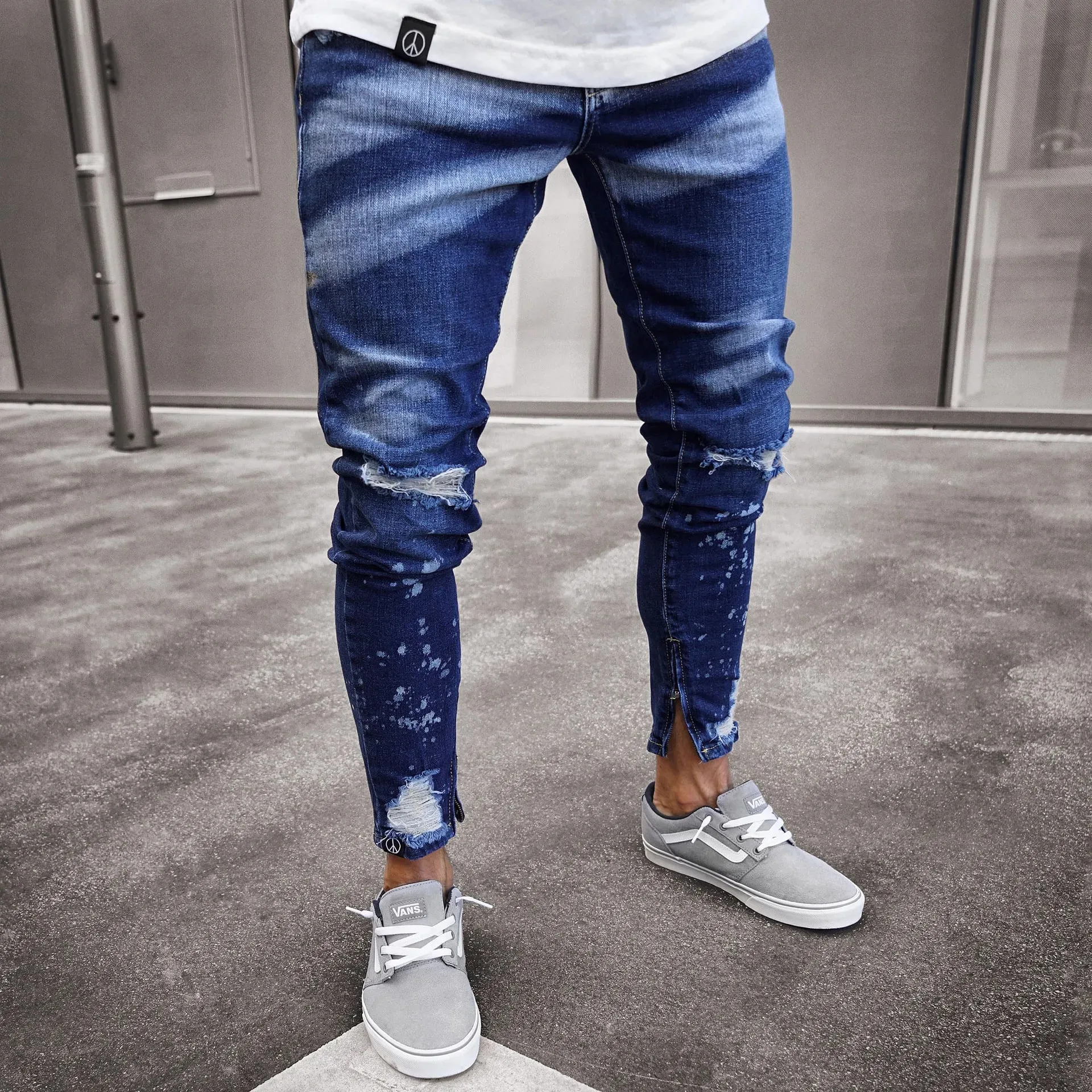 Men Denim Jeans Pencil Pant Vintage Slim Fit High Waist Frayed Hole Wash Trousers Y2k Streetwear Splice Work Casual 2026 Spring