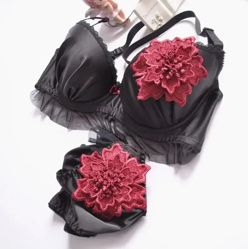Sweet Floral Embroidered Push Up Bra Set for Women Large Size A-E Cup Fresh Thin Underwear & Panty Lingerie — image 7