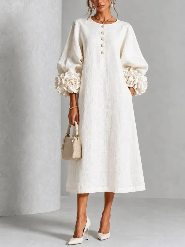 Elegant Women Linen Midi Dress O Neck 3D Floral Lantern Sleeve Button Loose Straight Long Dress Modest Casual Party Dresses