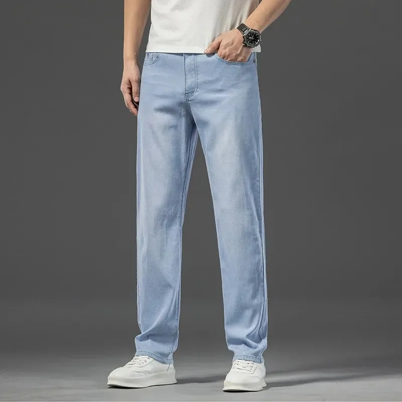 2026 Spring Summer New Men's Thin Light Blue Jeans Business Casual Stretch Pants Denim Trousers Male Brand Clothing