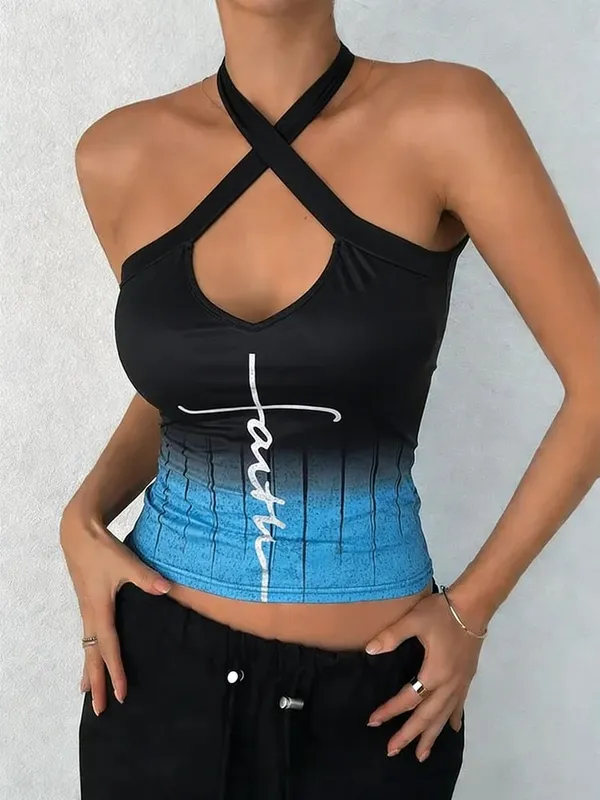 Women's Tank Top Spring Summer Black Blue Gradient Halter Cross V Neck Cutout Handwritten Letter Slim Cropped Chic Daily Casual