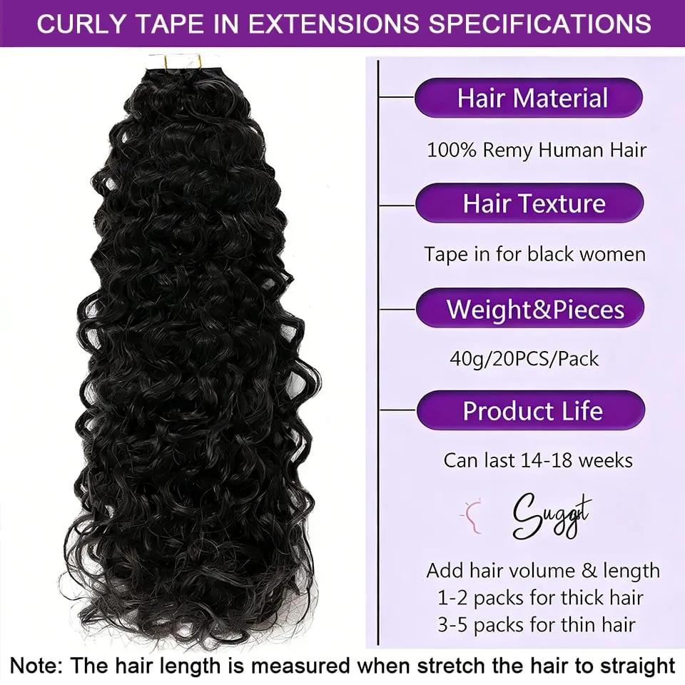Curly Tape in Hair Extensions 100% Brazilian Human Hair Deep Wave Adhesive Tape in Extensions Human Hair Natural Black For Women
