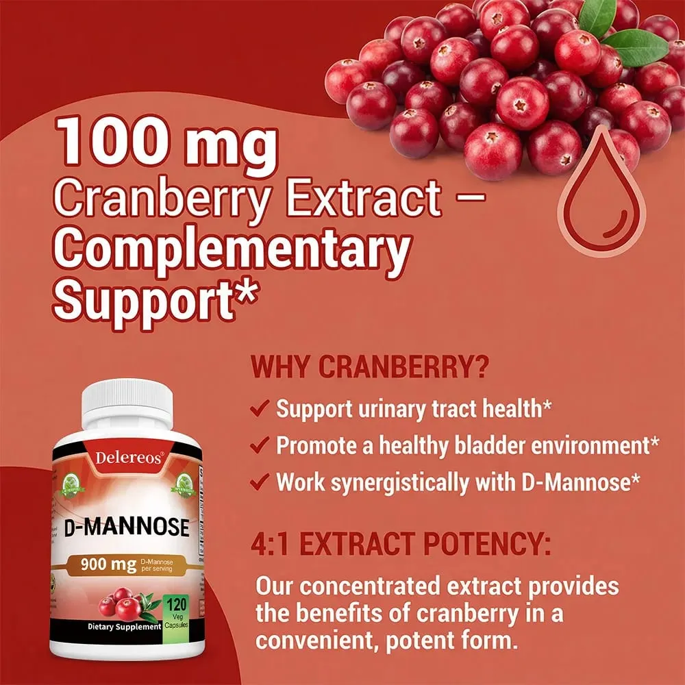 Organic D-Mannose 900mg Per Serving 120 Capsules Strongly Supports Urinary Tract Cleanse in Women and Prostate Health in Men
