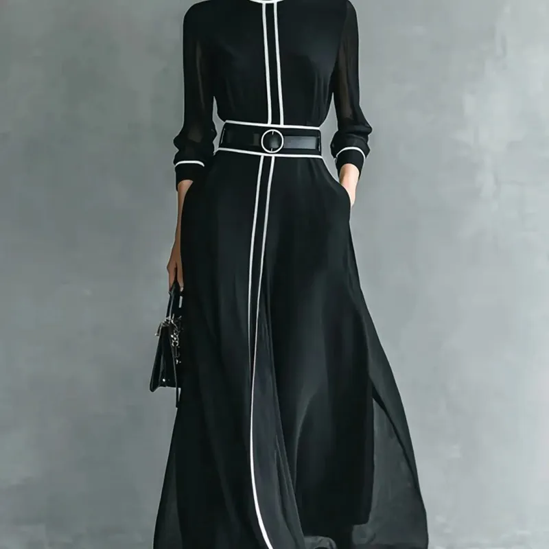 French Elegant Chiffon Maxi Dress High Neck Long Sleeve with White Piping Trim Ideal for Office Business Banquets & Parties