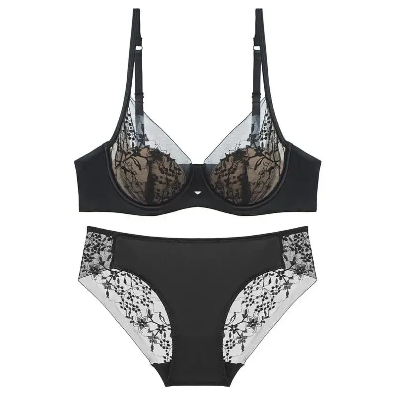 Women Lace Lingerie Set Thin Cup Minimizer Bra Panty Kit Full Coverage Breathable Intimates for Big BustFashion Daily Underwear