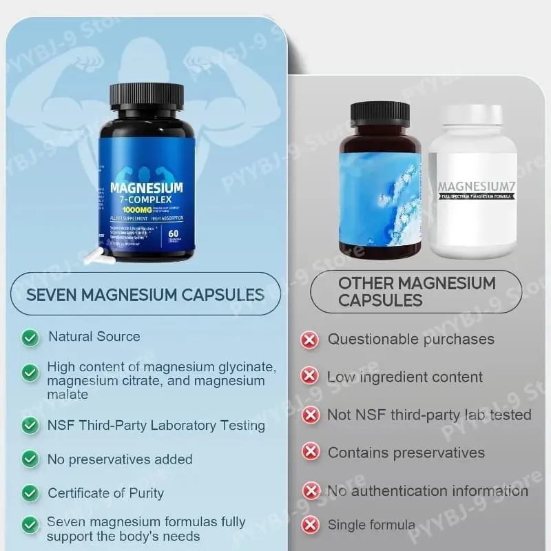 Komplexní doplněk hořčíku 7 s glycinát citrát malát chelát zinek vitamín D3 B6 pro úlevu svalů při spánku 60 tobolek