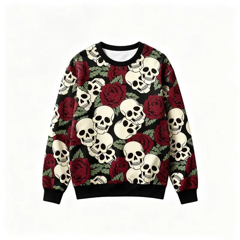 Mikina v gotickém stylu Skeleton Rose Potisk Pánské Retro Ležérní Pulovr s výstřihem Oblečení Harajuku Hip-hop Street Fashion Top — image 3
