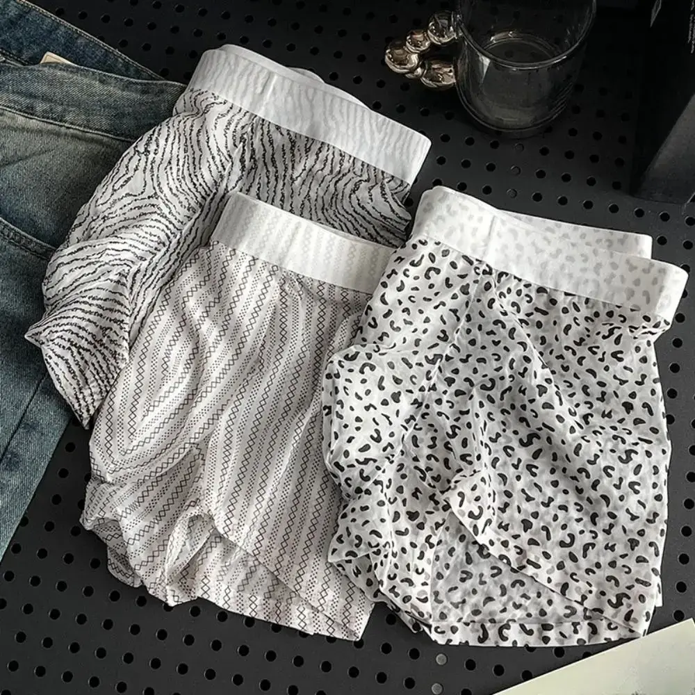Fashion Manipis na Ice Silk Boxer Briefs na See Through Stripe Leopard Print Boxers Nakakahinga ng Seamless Cool Feeling Underpants Araw-araw