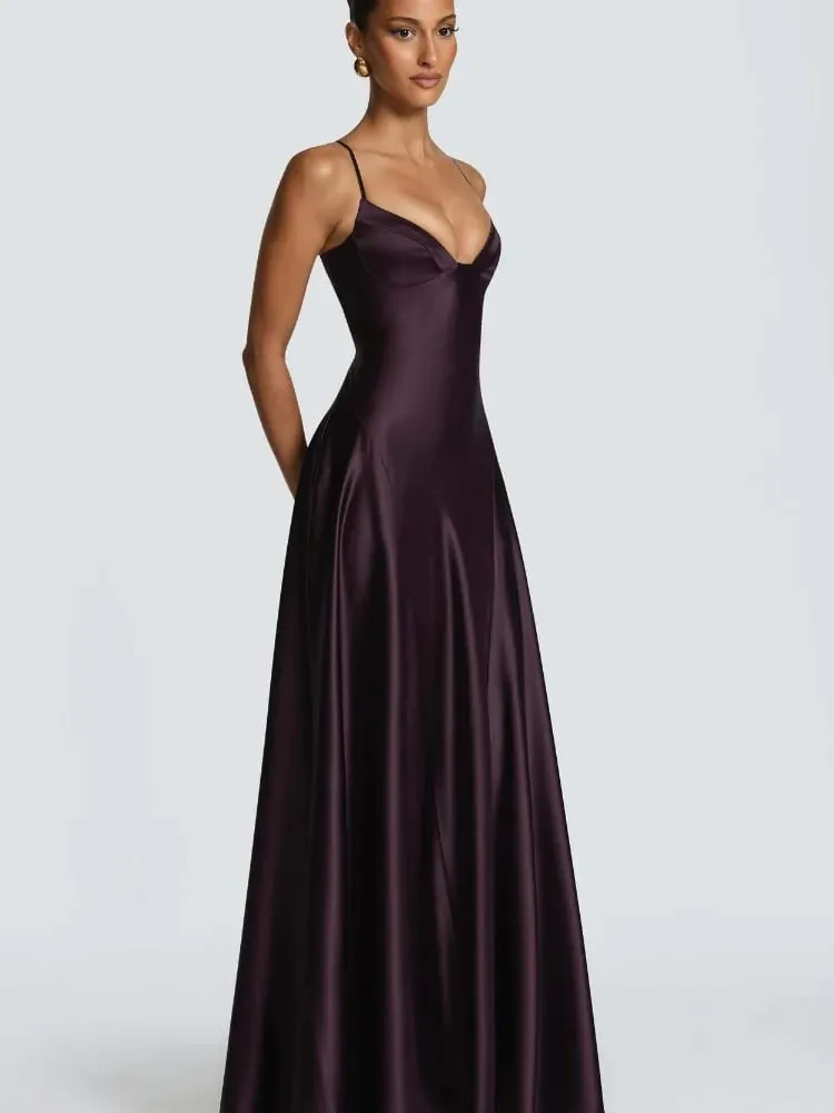 Butter Yellow Women Satin Slip Maxi Dress Elegant Spaghetti Strap A-line V Neck Waist-cinching Summer Lady Formal Evening Gown